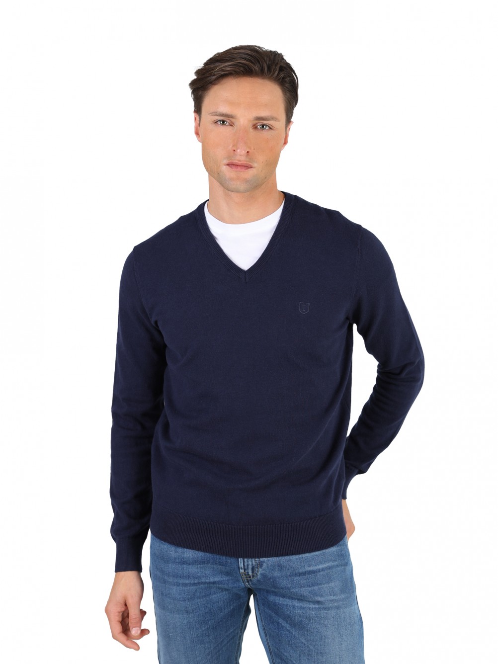 Camisola de gola em V de algodão