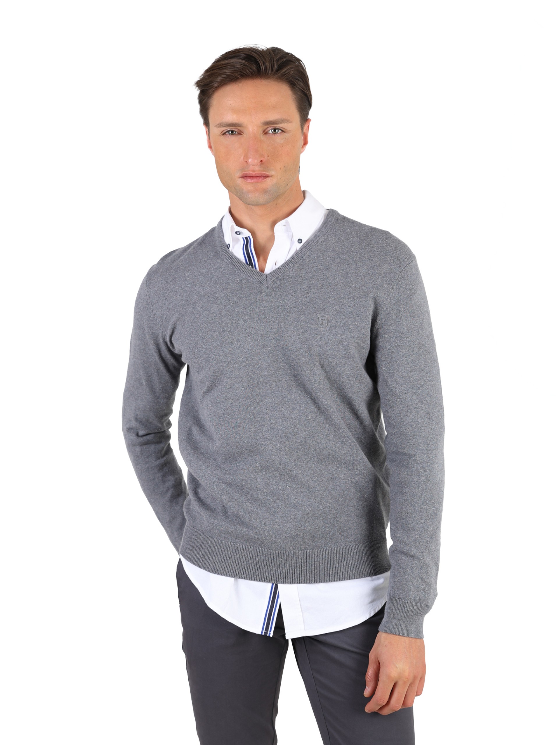 Camisola de gola em V de algodão