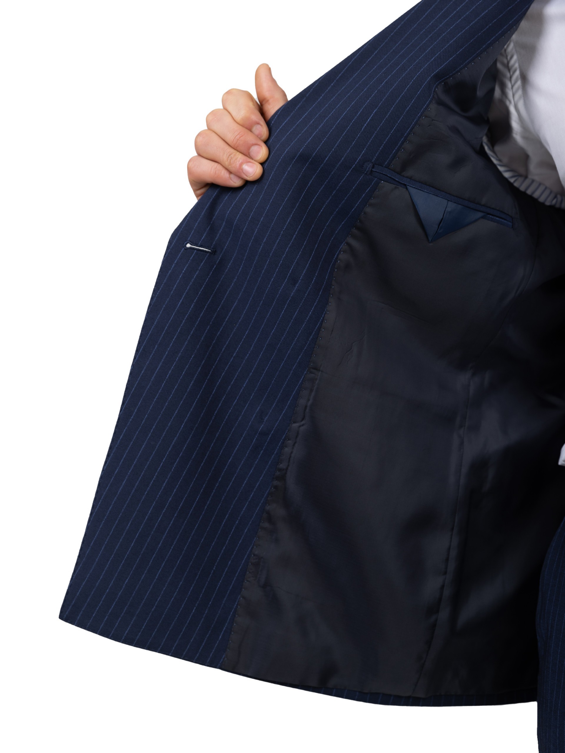 Traje azul cruzado con estampado de rayas