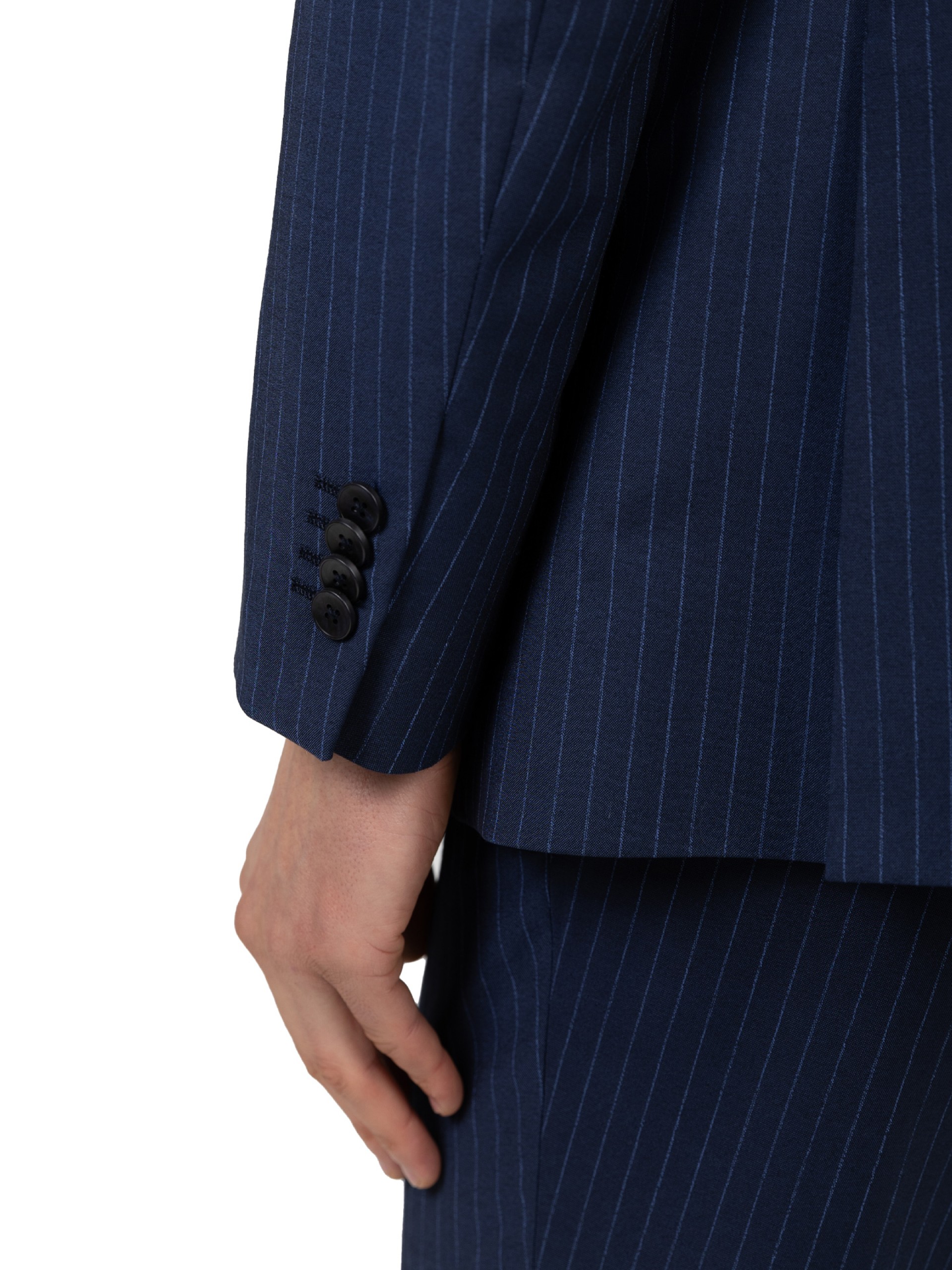 Traje azul cruzado con estampado de rayas