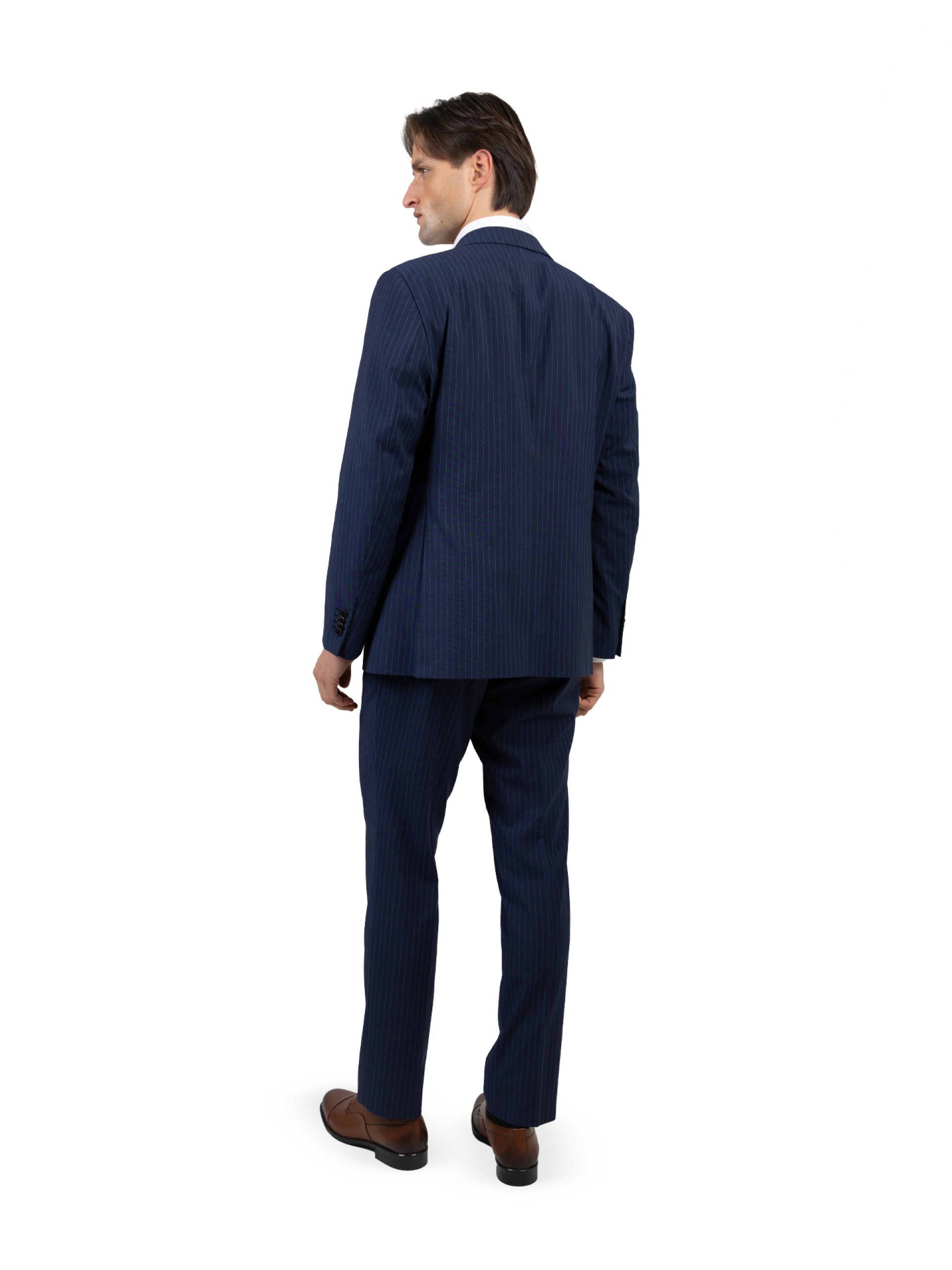 Traje azul cruzado con estampado de rayas