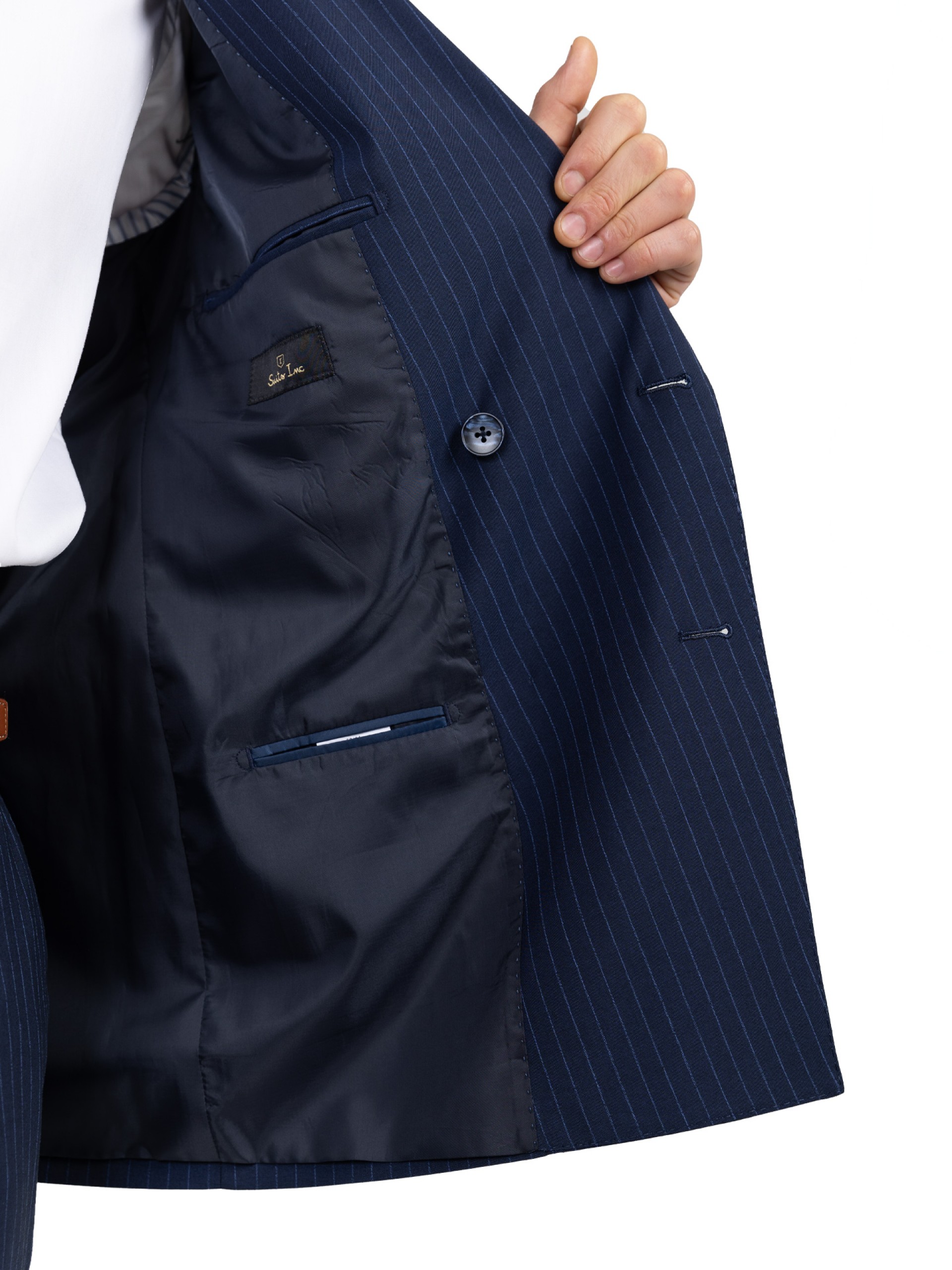 Traje azul cruzado con estampado de rayas