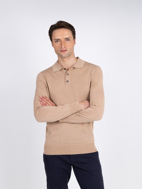 Polo de punto de manga larga 100% lana merina Polo de punto de manga larga 100% lana merina