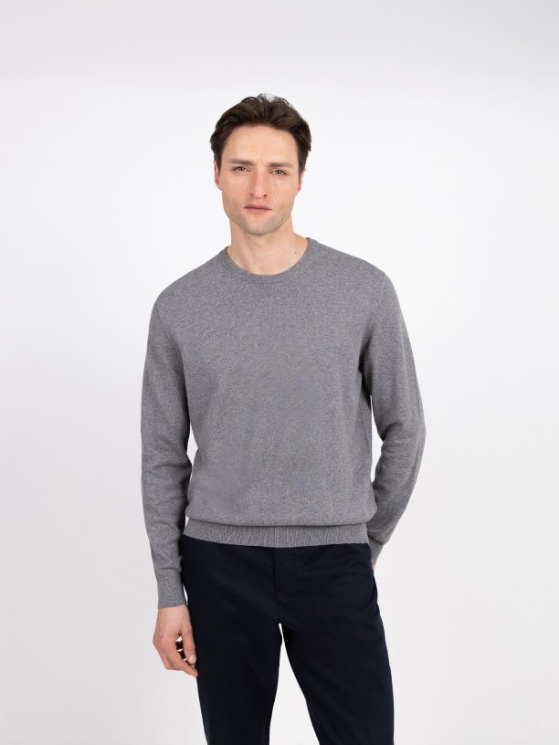 Cotton and Cashmere Knit Sweater with Round Neck