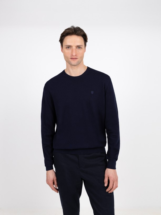 Cotton and Cashmere Knit Sweater with Round Neck