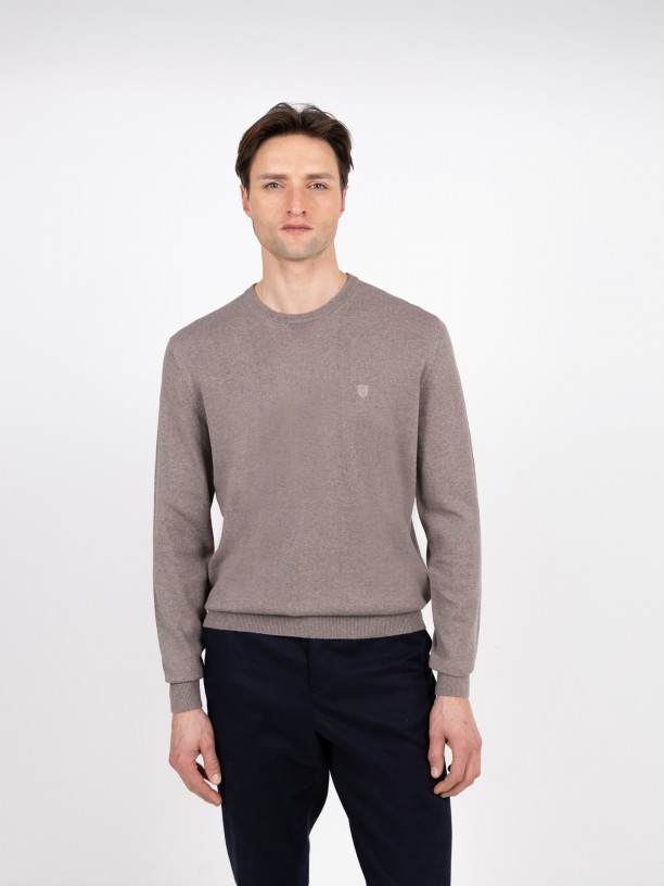 Cotton and Cashmere Knit Sweater with Round Neck