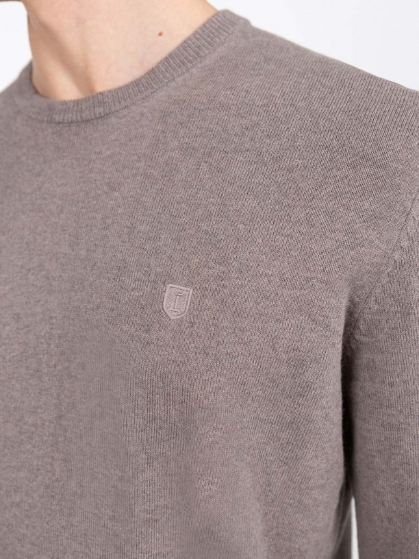 Cotton and Cashmere Knit Sweater with Round Neck