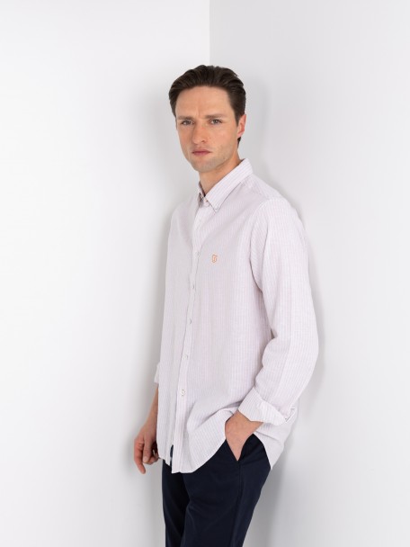 Camisa de algodão e linho com padrão de riscas Camisa de algodão e linho com padrão de riscas