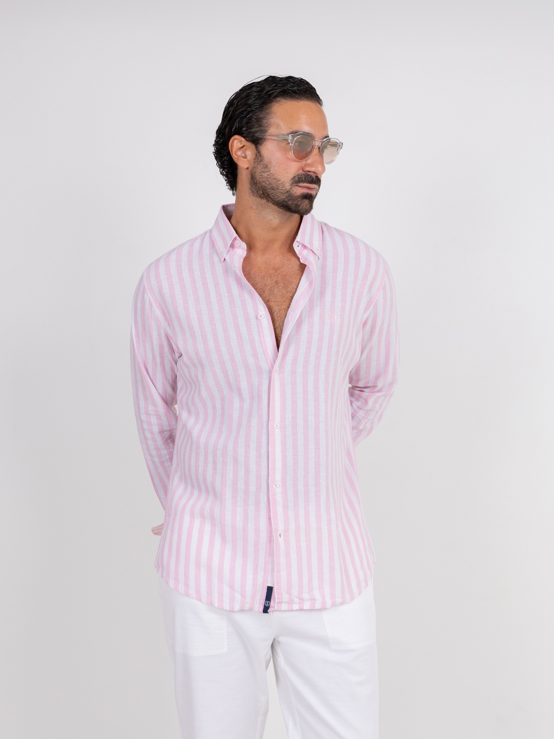 Camisa de linho e algodão padrão de risca