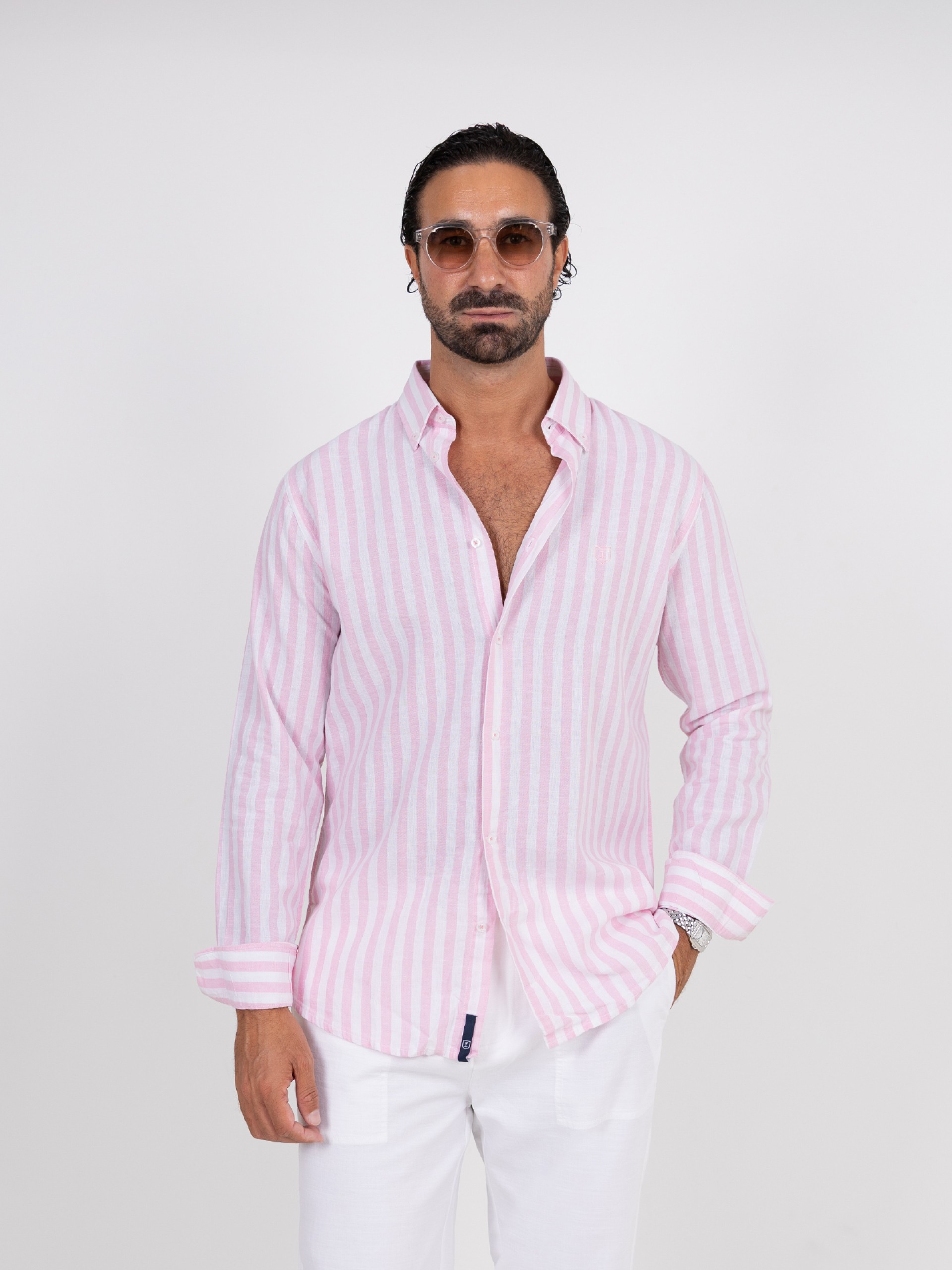 Camisa de linho e algodão padrão de risca