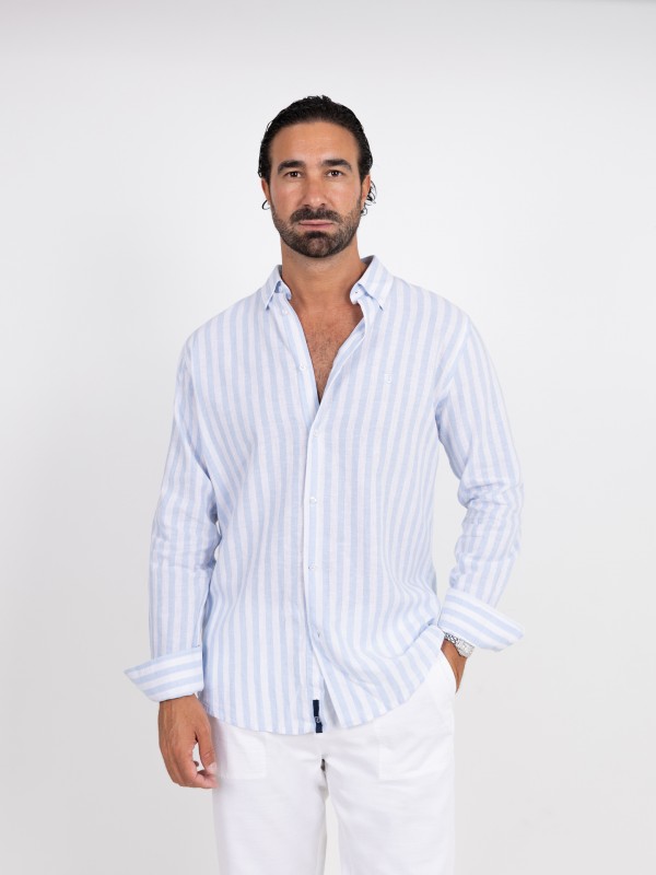 Camisa de lino y algod�n con patr�n de rayas